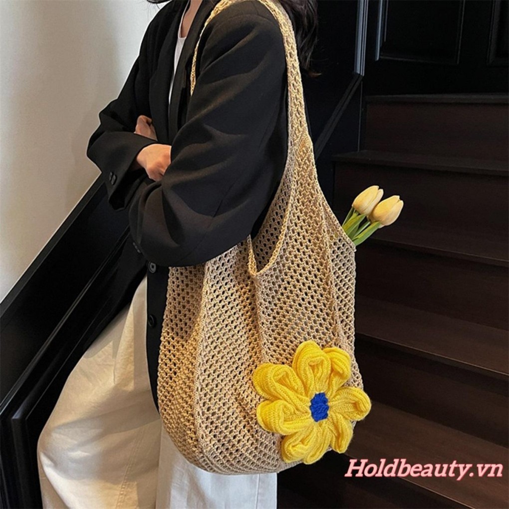 Túi Tote Nữ Slouchy Bohemian 3D Hoa Dệt Ví Đeo Vai Túi Xách Lớn Cho Du Lịch Đi Biển Đại Học