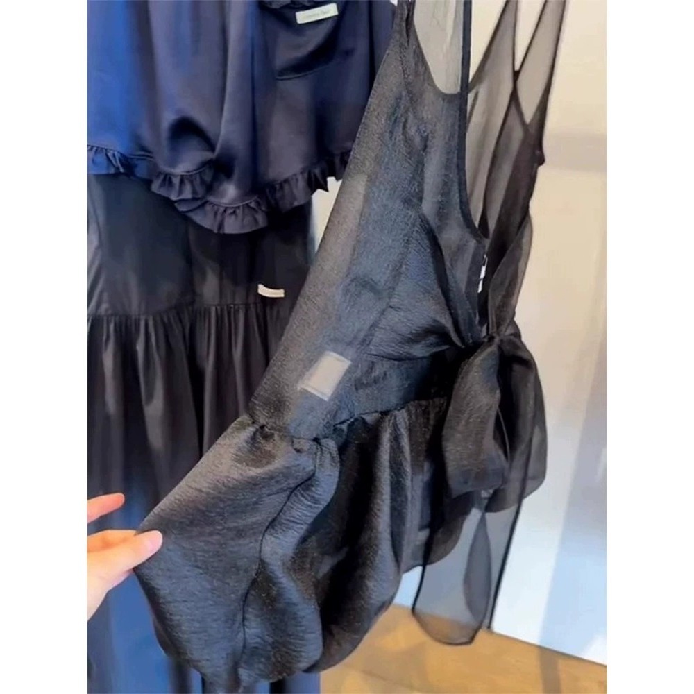 Milyfashion See-Through Top Đen Cổ Chữ u Lưới Bud Lớp Sling