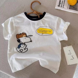 Áo thun ngắn tay cotton nguyên chất mới cho trẻ em mùa hè, in hình hoạt hình dễ thương cho bé trai và bé gái, áo trắng cho trẻ nhỏ