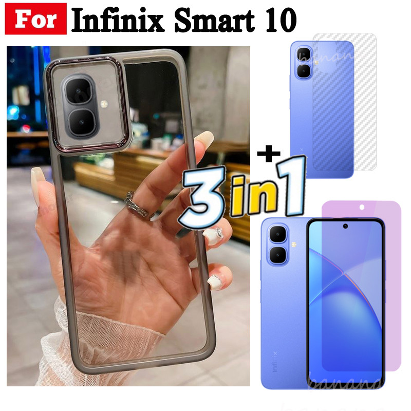 Ốp điện thoại trong suốt bằng silicon mềm TPU 3 trong 1 Infinix Smart 10 X6725 có vỏ bảo vệ Camera + Kính cường lực bảo mật + Phim mặt sau