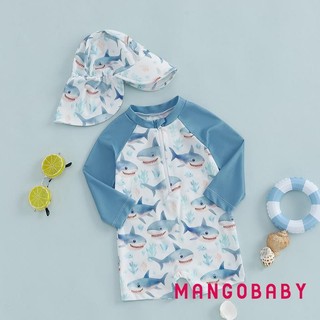 MG-Toddler Bé Trai Dài Tay Đồ Bơi In Hình Cá Mập Nửa Dây Kéo Chống Đập Rash Guard Đồ Bơi Sunhat Bộ