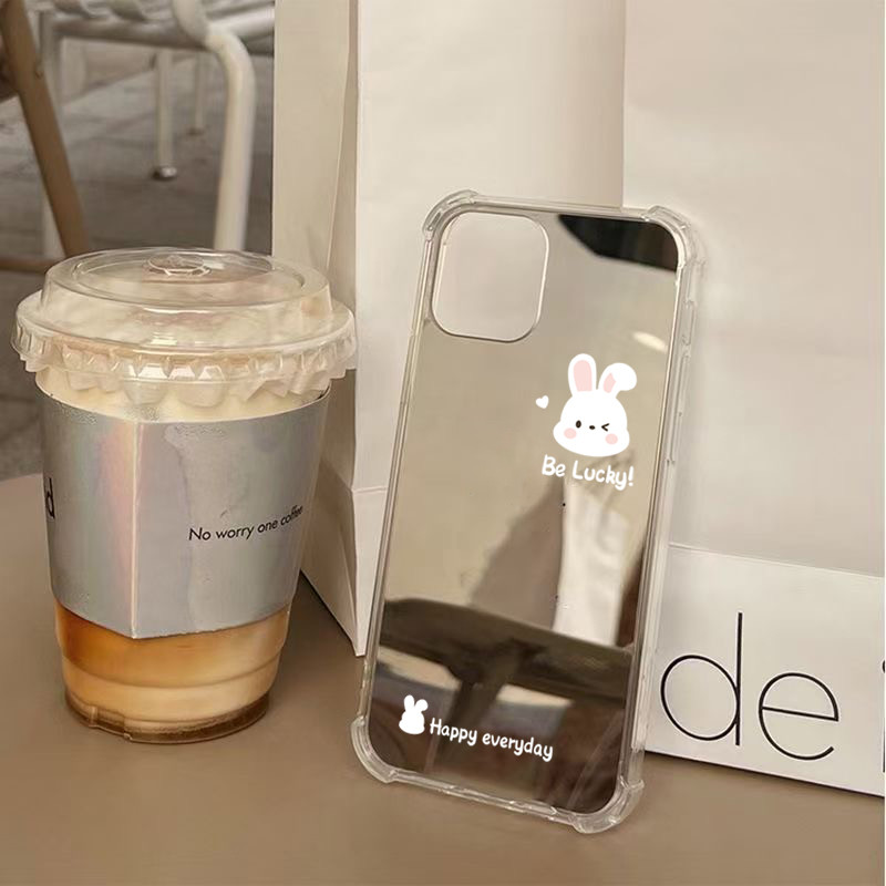 Ốp lưng cho iPhone 11 16 15 Pro Max 16e 14 11 12 13 15 Pro XR XS Max X 7 8 Plus SE2022 Gương trang điểm hình thỏ mèo KT dễ thương Vỏ chống sốc mềm