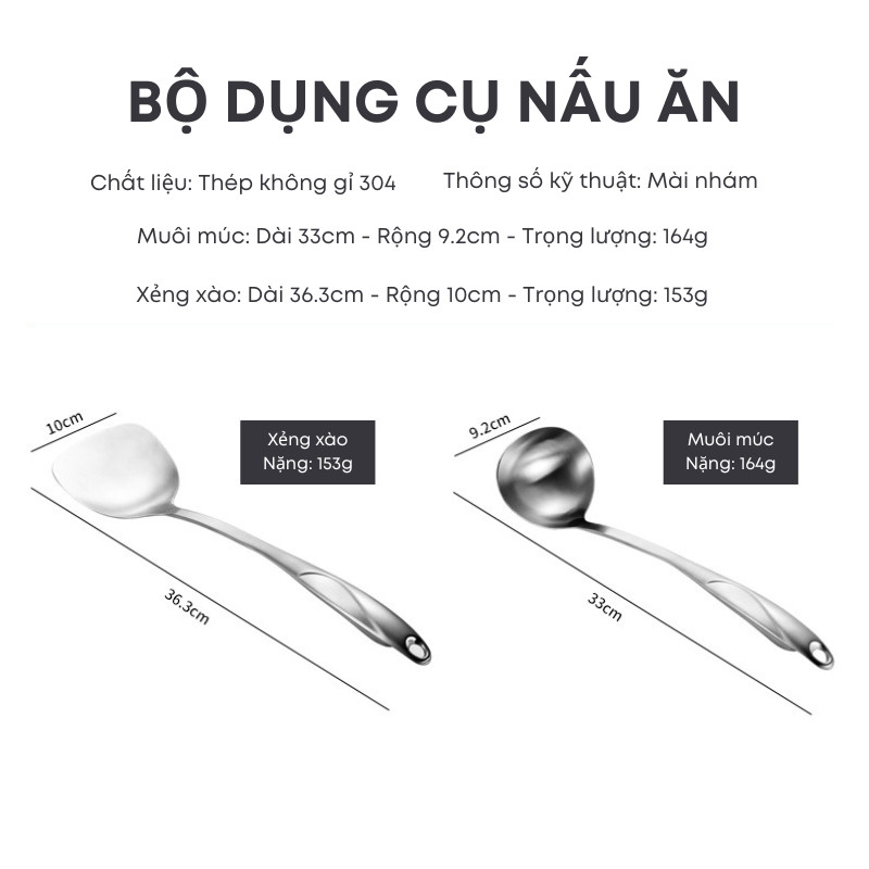 Bộ Muôi Vá Múc Canh Và Xẻng Inox 304 Cao Cấp 36cm – Tay Cầm Êm, Chống Nóng, Không Làm Xước Chảo | 288
