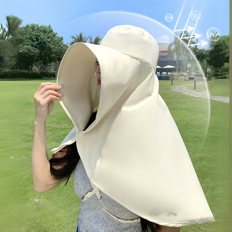Mũ Chống Nắng Vành Rộng Kèm Khăn Choàng Dài 39cm Che Cổ Chống Tia UV, Phù Hợp Đi Biển, Dã Ngoại