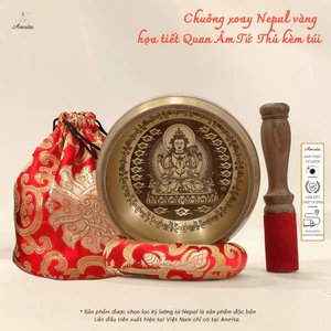 Chuông xoay Nepal vàng họa tiết Quan Âm Tứ Thủ kèm túi-Bộ chuông xoay tụng kinh thiền định - Chuông mõ CXNP58