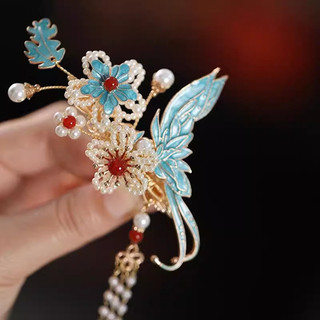 MAUROPOLI [Sẵn Sàng] Mũ Đội Đầu Hanfu Hình Bước Viền Cổ Điển Đốt Xanh Mới Phong Cách Trung Hoa Váy Ngựa Phụ Kiện Tóc Cưới Kẹp Bên sườn Xám Phụ Kiện Tóc Nữ