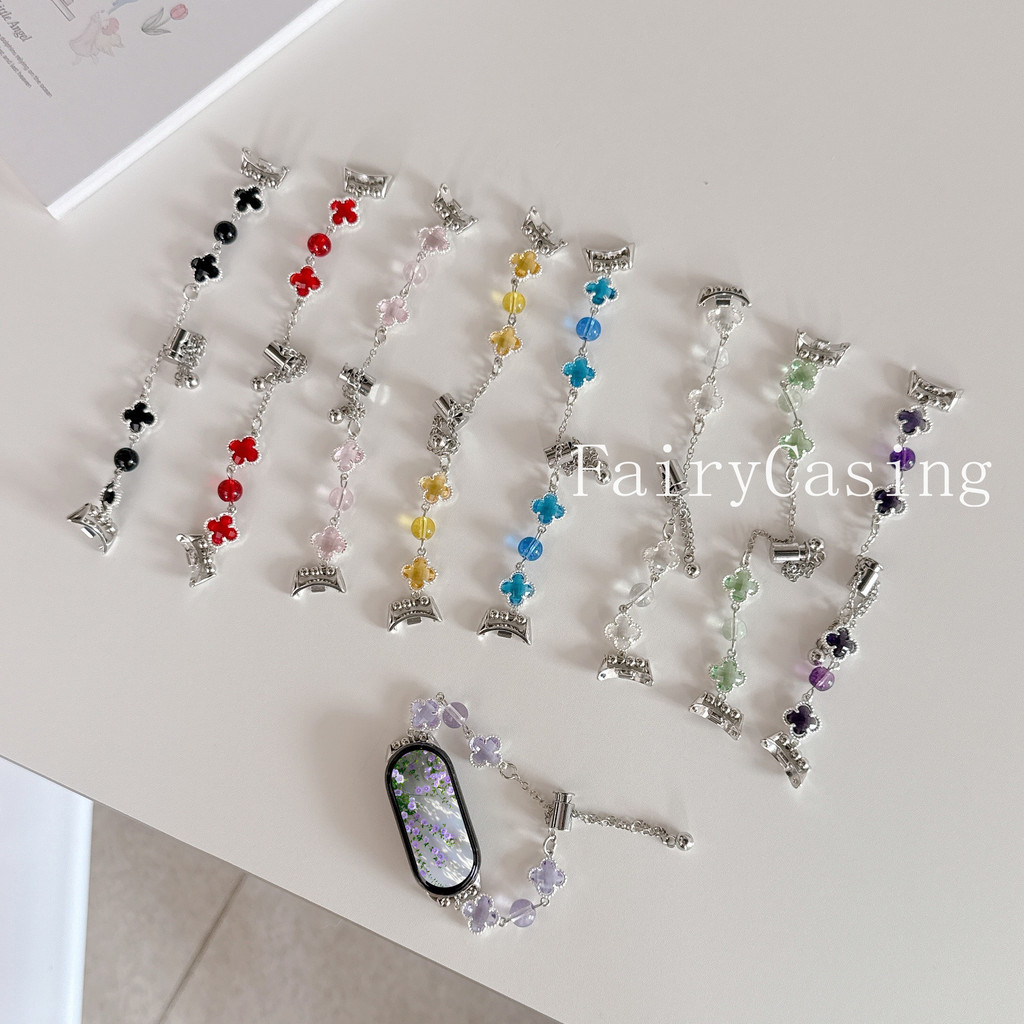 Dây đeo hạt pha lê cho Xiaomi Mi Band 10 9 8 Active 7 Pro 6 5 4 3 Dây đeo cổ tay sang trọng Long lanh Clover Vòng đeo tay không có đồng hồ