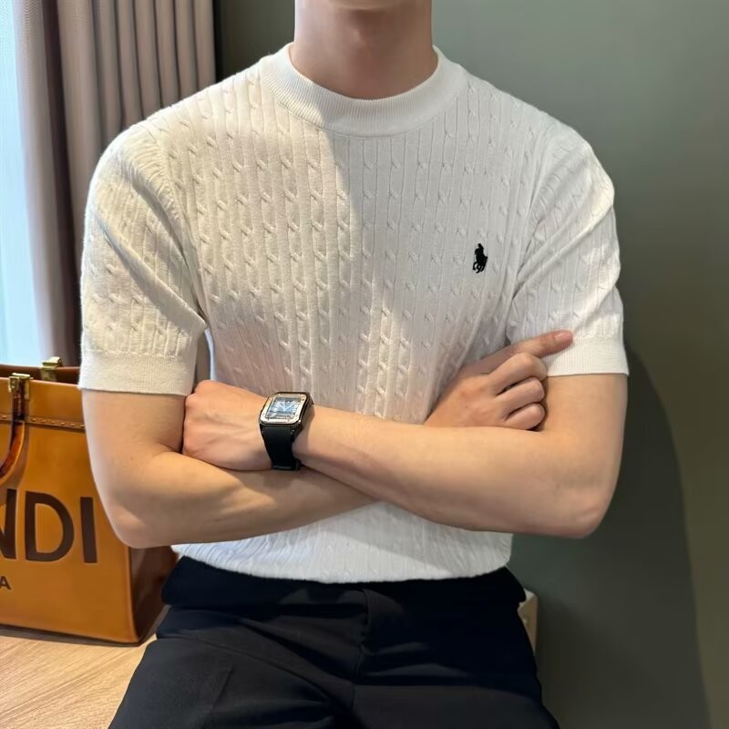 Mùa hè Mới Thêu Đan Tay Ngắn Nam Slim Fit Áo Thun Công Sở Thường Ngày