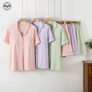 Phong cách Nhật Bản và Muji - Bộ đồ ngủ nữ mùa hè từ sợi tre, màu trơn, cảm giác mát mẻ với quần short và áo ngắn tay có miếng đệm ngực
