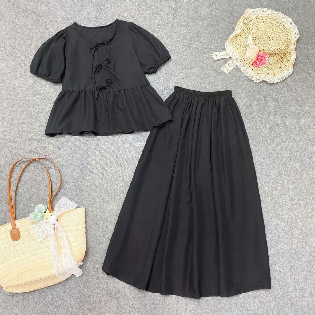 Set Đồ Bigsize Nữ 2 Món Dễ Thương – Áo Sơ Mi Babydoll Tay Bồng Mix Chân Váy Dài  Che Bụng A191-CV15