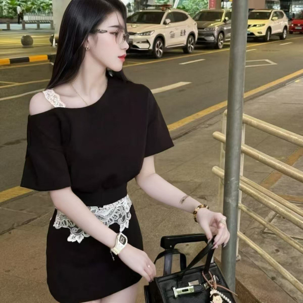 Thời Trang Thường Ngày Mùa Hè Đeo Chéo Ren Khâu Áo Top Cao Cấp Váy 2025 Bộ Đồ Hai Mảnh