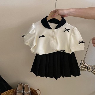Mùa Hè Phong Cách Mới Bé Gái Ngọt Ngào Xếp Ly Váy Phù Hợp Với Ba Chiều Nơ Áo Thun Tay Ngắn Váy Bé