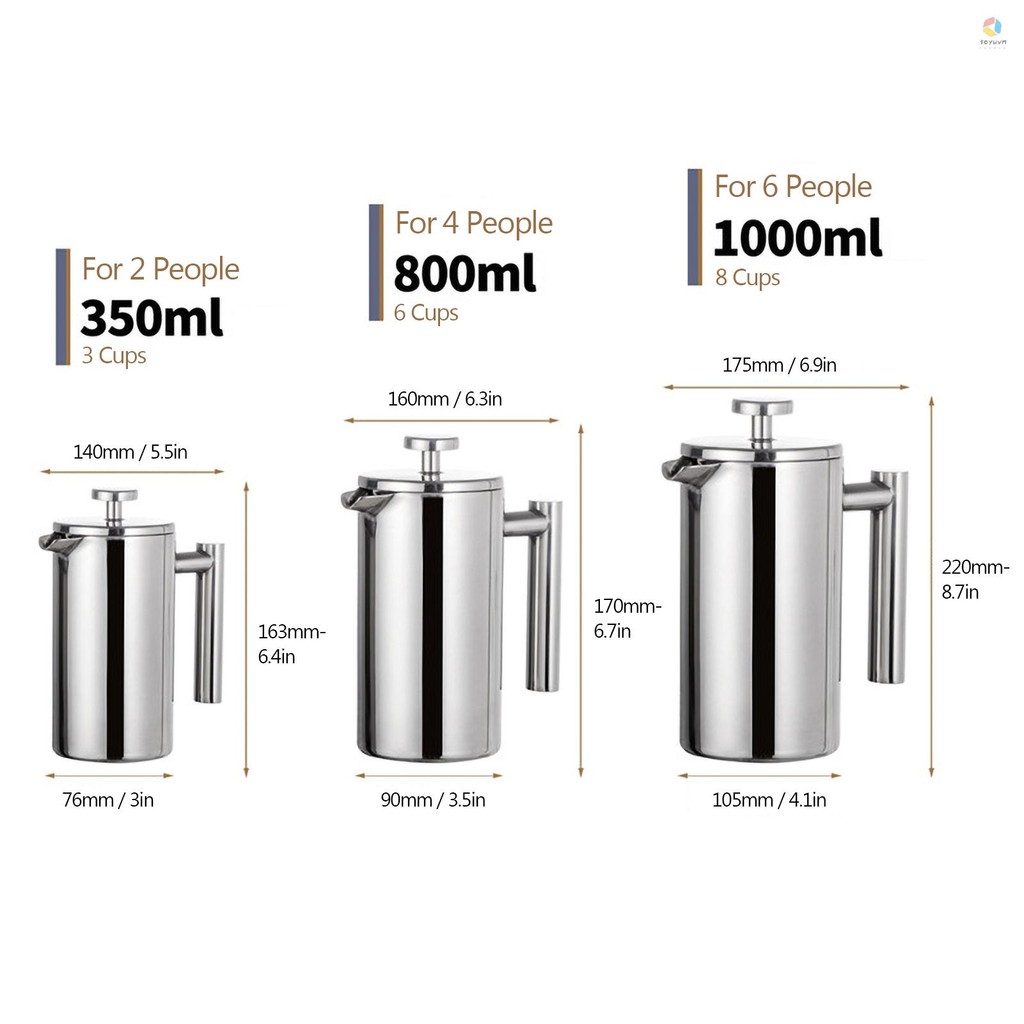 350ml / 800ml / 1000ml Máy pha cà phê kiểu Pháp Máy pha cà phê cách nhiệt hai tường bằng thép không gỉ