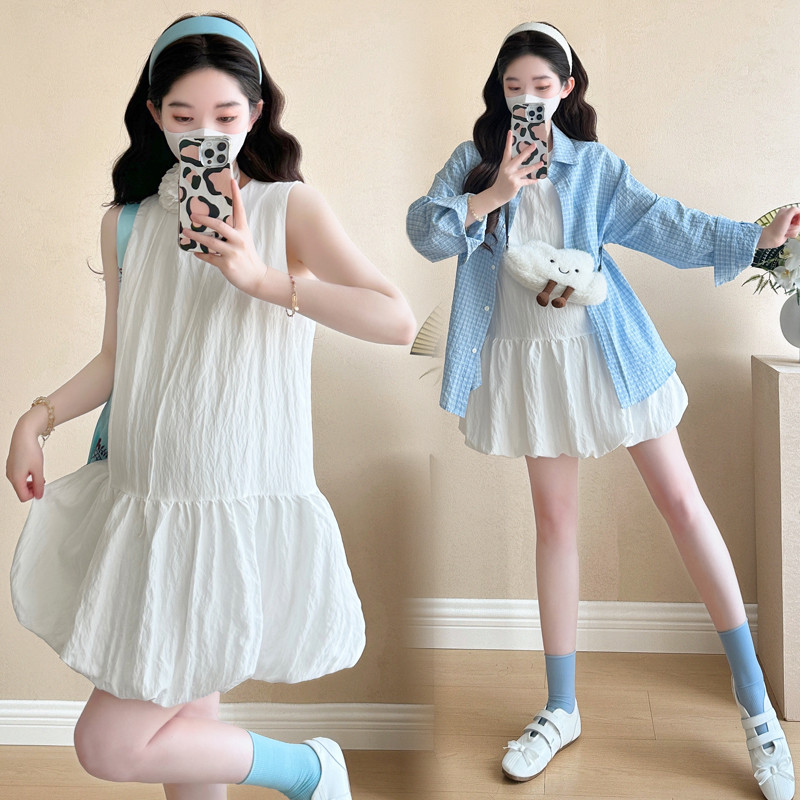 Bộ đồ bà bầu Váy Vest dáng rộng thời trang mùa hè + Áo sơ mi thêu kẻ sọc