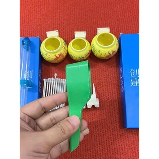 Combo Cóng sứ chào mào gắn sẵn tai tre (1 bộ cóng chợ ngẫu nhiên + 2 xiên tàu + 1 rọ + xúc nhựa + 2 cóng hút tàu)