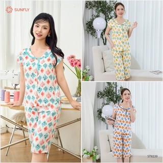 Bộ pijamas nữ lanh họa tiết SUNFLY áo cộc quần ngố ST9239