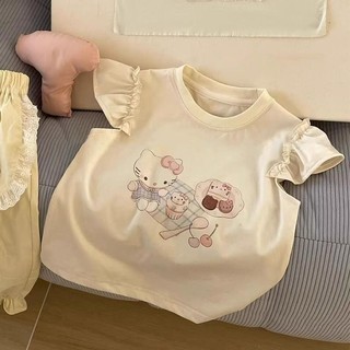 Áo thun cotton tay ngắn mùa hè phong cách Hàn Quốc cho bé gái, in hình mèo KT dễ thương, áo tay bèo cho trẻ em