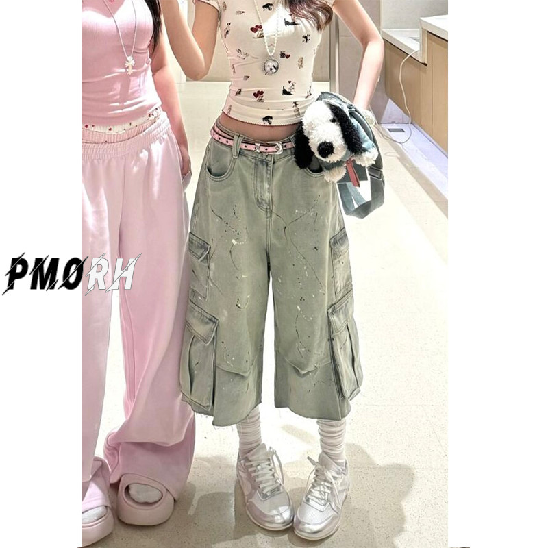 Quần jeans ống rộng in họa tiết mèo và chó màu xanh, dáng thẳng, phong cách Hàn Quốc