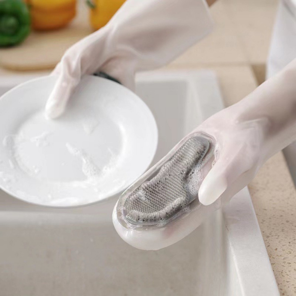Găng tay cao su tích hợp bàn chải silicon mềm, găng tay có bàn chải rửa bát rau củ cọ rửa nhà bếp