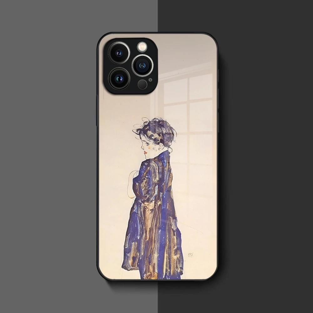 Ốp Điện Thoại BK-1 Egon Schiele Nghệ Thuật Cho Iphone 16 17.15 14 12 11 13 Pro Max Mini 8 X Xr Xs Puls Vỏ Kính Đen