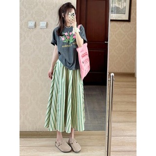 Đơn Cái / bộ Áo thun ngắn tay cổ tròn dáng rộng in màu xám + Dây thun cạp cao sọc phù hợp Bộ váy hàng ngày