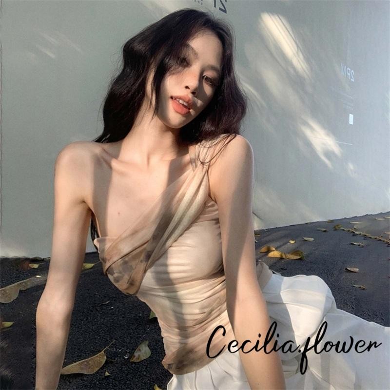 ​Áo Một Vai Croptop Nữ Hở Lưng Sexy, Kiểu Dáng Ruched Y2K, Chất Liệu Lưới Ren Mặc Mùa Hè Phong Cách Basic, Không Tay Slim Fit​