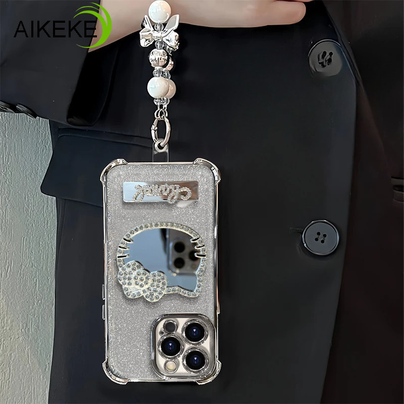 Ốp Điện Thoại Gương Mèo Kim Cương Sang Trọng Cho iPhone 16E 16 15 14 Plus 13 12 11 Pro Max Mini X XR XS Max 8 7 6 6S Plus SE 2020 2022 Lấp Lánh Bướm Ngọc Trai Vòng Tay Đứng Bìa Mềm