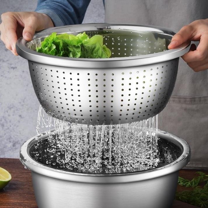 Rổ kèm Chậu Inox 304 Cao Cấp, Thau 26cm, Rổ 24CM. Rửa Rau Củ Quả Tiện ...
