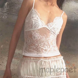 MAPLEPOET-Áo không tay nữ cổ chữ V lưng mỏng vừa vặn mùa hè áo hai dây ren xẻ tà