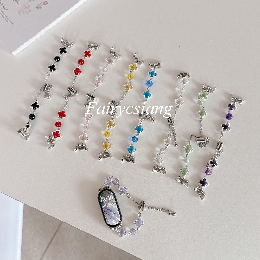 Dây đeo hạt pha lê cỏ ba lá cho Xiaomi Mi Band 10/9/8/7/6/5/4/3/Pro, NFC, vòng tay thể thao cho Miband