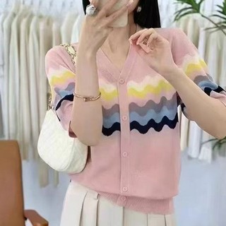 Mùa Hè 2025 Tay Ngắn Thời Trang Hàng Đầu Phong Cách Phương Tây Giảm Tuổi Đơn Màu Sắc Tương Phản Sóng Pat