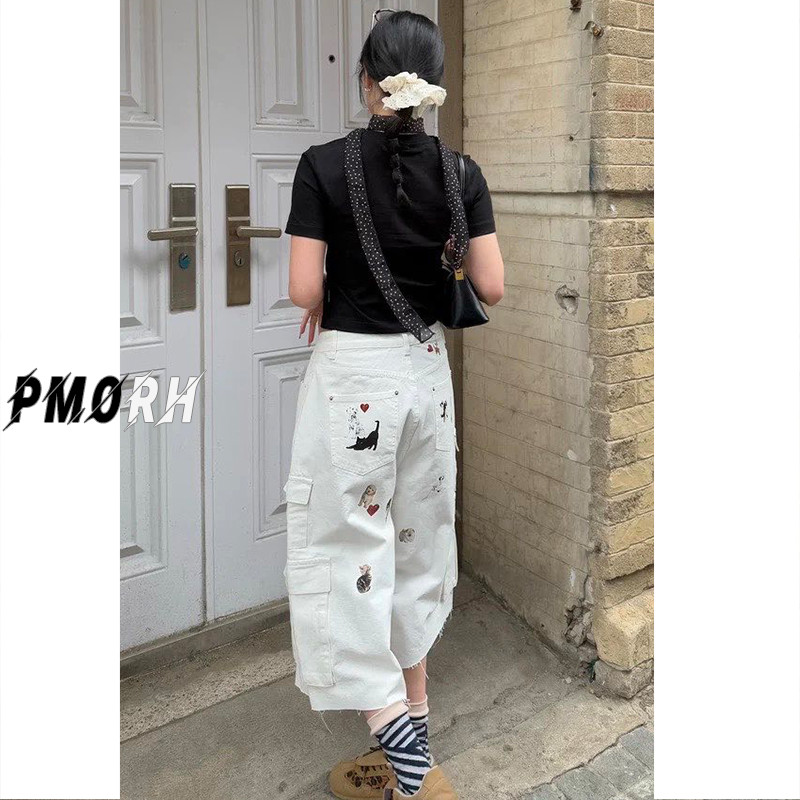Quần jeans ống rộng in họa tiết mèo và chó màu xanh, dáng thẳng, phong cách Hàn Quốc
