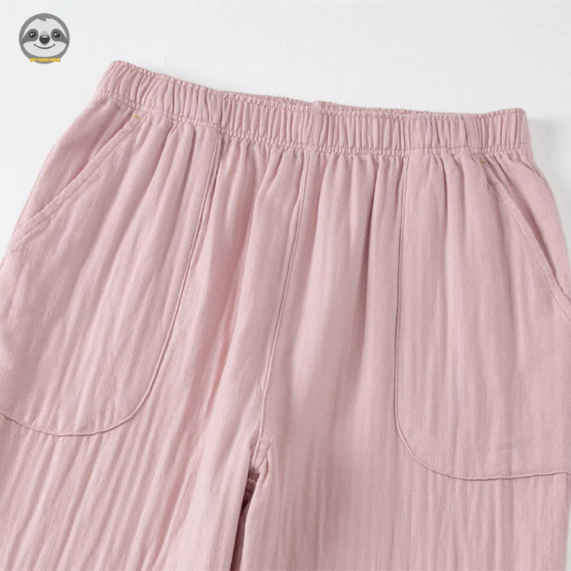 Phong cách Nhật Bản Phong cách Muji / Sợi Cotton hai lớp màu trơn Cổ tròn Quần ngắn tay Bộ đồ ngủ / Mùa hè có thể mặc bên ngoài Bộ đồ mặc nhà thông thường