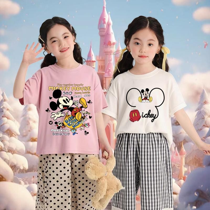 Áo thun ngắn tay in hình nhân vật hoạt hình Mickey 2025 cho trẻ em nhiều màu tùy chọn
