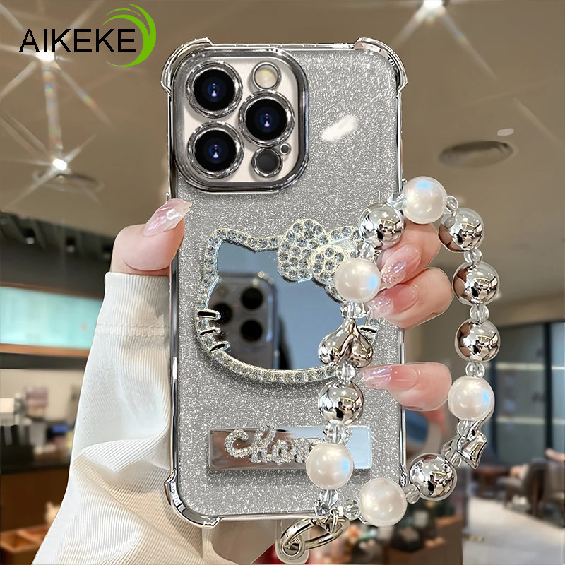 Ốp Điện Thoại Gương Mèo Kim Cương Sang Trọng Cho iPhone 16E 16 15 14 Plus 13 12 11 Pro Max Mini X XR XS Max 8 7 6 6S Plus SE 2020 2022 Lấp Lánh Bướm Ngọc Trai Vòng Tay Đứng Bìa Mềm