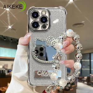Ốp Điện Thoại Gương Mèo Kim Cương Sang Trọng Cho iPhone 16E 16 15 14 Plus 13 12 11 Pro Max Mini X XR XS Max 8 7 6 6S Plus SE 2020 2022 Lấp Lánh Bướm Ngọc Trai Vòng Tay Đứng Bìa Mềm