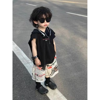 Bộ áo vest có mũ cho trẻ em mùa hè mới, phong cách Hàn Quốc, quần short không tay in chữ hoạt hình cho bé trai, bộ hai mảnh rộng rãi