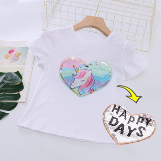 Áo thun Sequin lật bé gái 2025 với thiết kế Unicorn Pony và phong cách mùa hè dễ thương