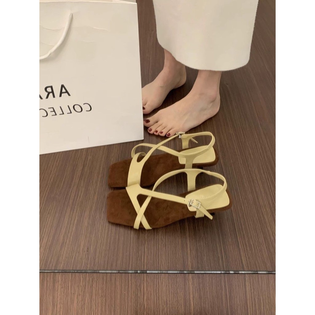 Xăng đan Mũi Vuông Cổ Điển Cho Nữ Phong Cách La Mã Giày Cao Gót Thấp 3cm