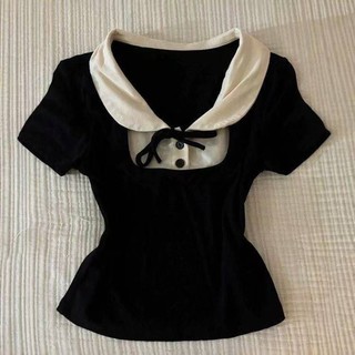 Áo thun mùa hè 2025, giảm tuổi cho búp bê, thiết kế retro vintage mới, dáng ôm, tay ngắn ngọt ngào