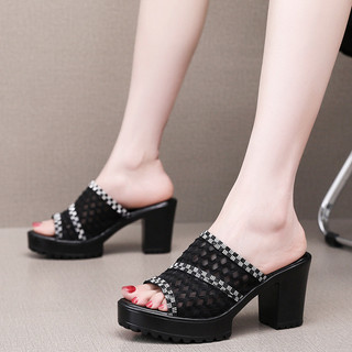 Dép Nữ Cao Gót Vuông Quai Lưới Đính Đá ZicZac Đế Pu Siêu Nhẹ Cao Cấp Bigsize (35-40) -MS CG14