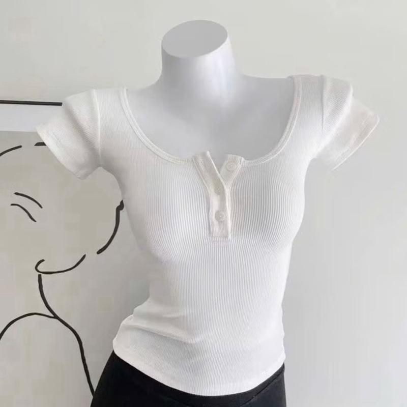 ￼A15 Áo Thun Tay Ngắn Cúc Cài Kiểu Croptop Chất Tăm size dưới 53kg mã ci98