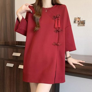✨✨Fat mm Size Lớn 150kg Tua Rua Khóa Đỏ Vai Trước Áo Thun Tay Ngắn Nữ Trung Dài Rời Ôm Hơn Nhìn Chia Top 25.5.20