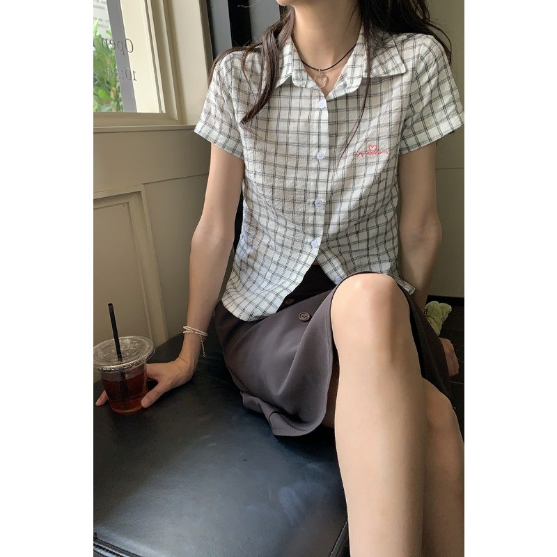 SUXI Áo sơ mi ngắn tay kẻ sọc cổ điển mới phong cách Hàn Quốc mùa hè 250526