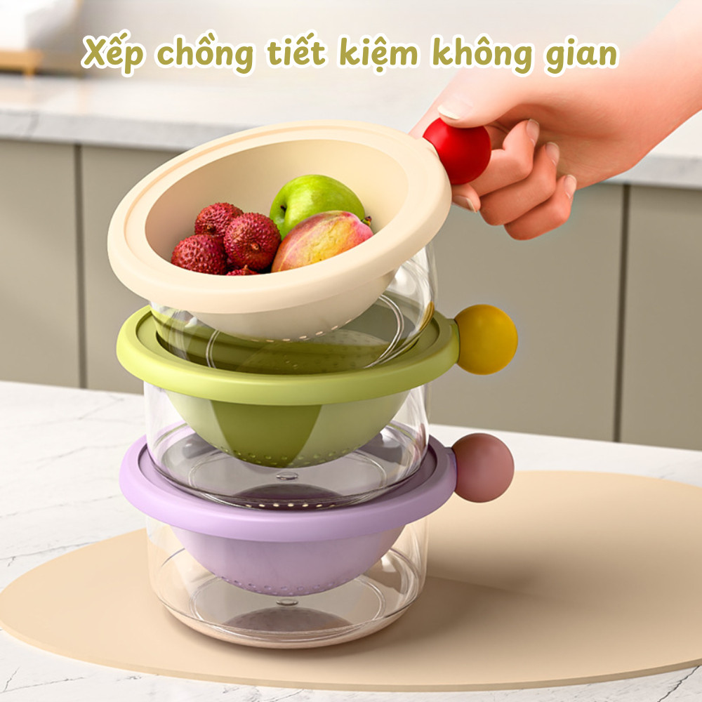 Rổ Rửa Trái Cây 2 Lớp Thoát Nước, Rổ Kèm Chậu Rửa Rau Củ, Rổ Vo Gạo Nhỏ Gọn Màu Sắc Dễ Thương
