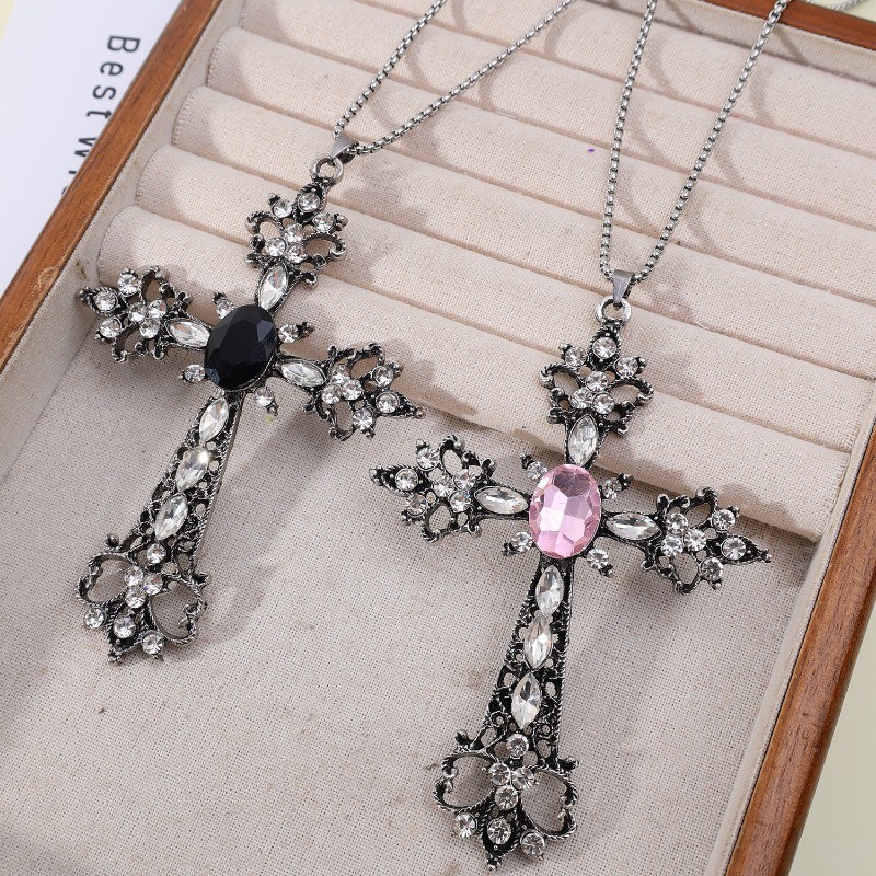 Vòng Cổ Mặt Dây Chuyền Chữ Thập Lớn - Dùng Cho Tiệc, Mặc Hàng Ngày - Punk, Gothic, Vintage - Vòng Cổ Choker Dài Kim Cương Giả Hồng - Quà Tặng Trang Sức Cho Cặp Đôi, BFF