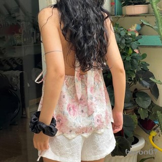 Áo Tank Nữ In Hoa Cổ Chữ V Thắt Dây Cổ Áo Vest Mùa Hè Không Tay Áo Dạo Phố