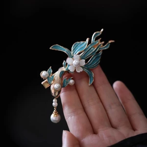 MAUROPOLI [Hàng có sẵn] Cloisonne Koi Mới Trung Quốc Tinh Tế Kẹp Tóc Nhỏ Nữ Cổ Ngựa Phụ Kiện Váy Cá Vàng Retro Đốt Đầu Bên Màu Xanh