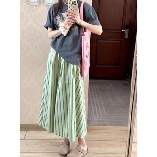 Đơn Cái / bộ Áo thun ngắn tay cổ tròn dáng rộng in màu xám + Dây thun cạp cao sọc phù hợp Bộ váy hàng ngày