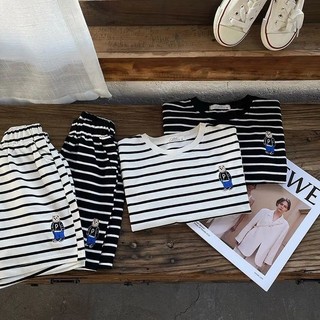 Bộ đồ cotton mùa hè cho trẻ em, áo thun ngắn tay thêu sọc và quần short hai mảnh cho bé trai và bé gái